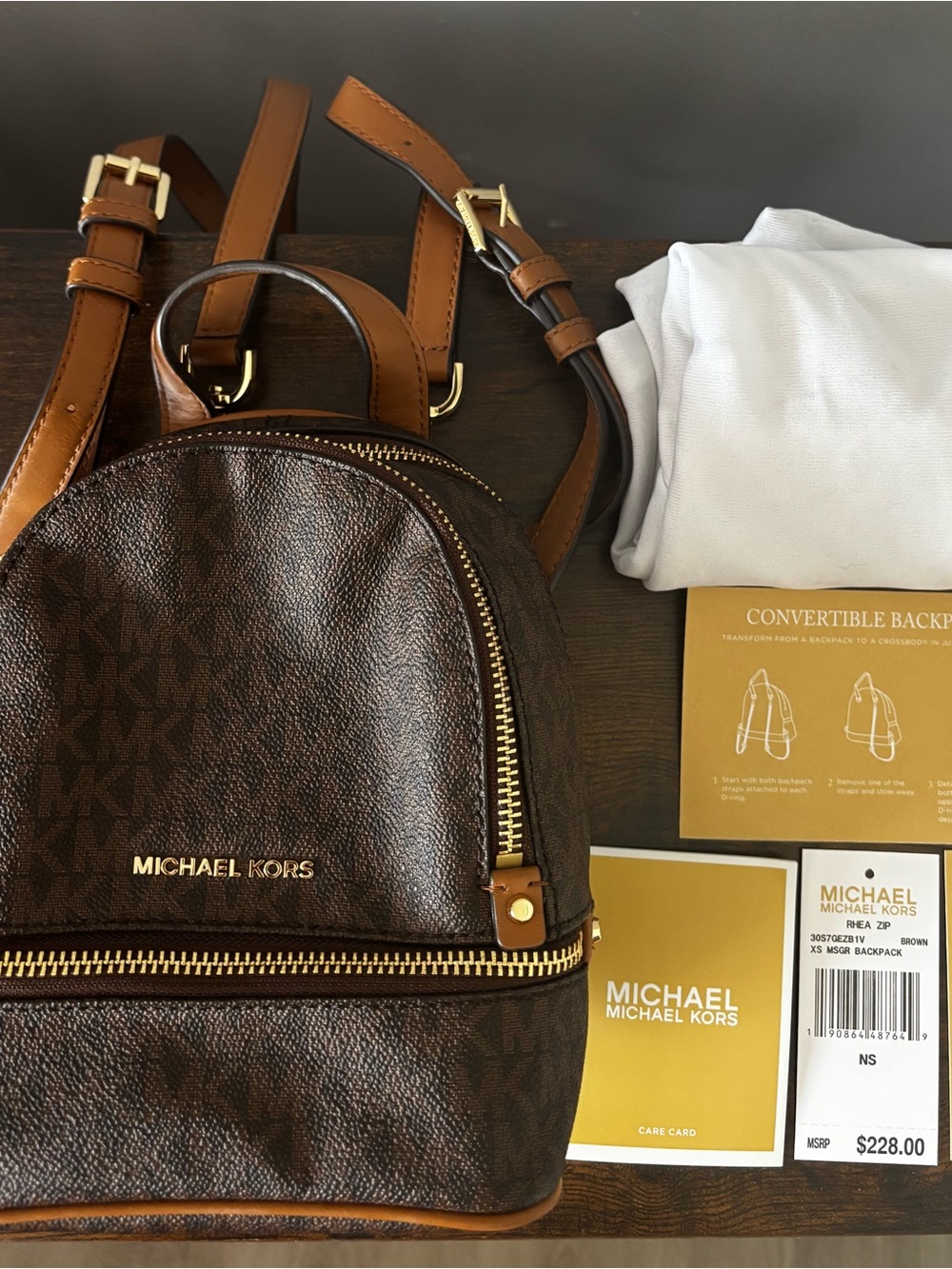 Michael Kors Brown Logo Monogram Leather Convertible Mini Backpack